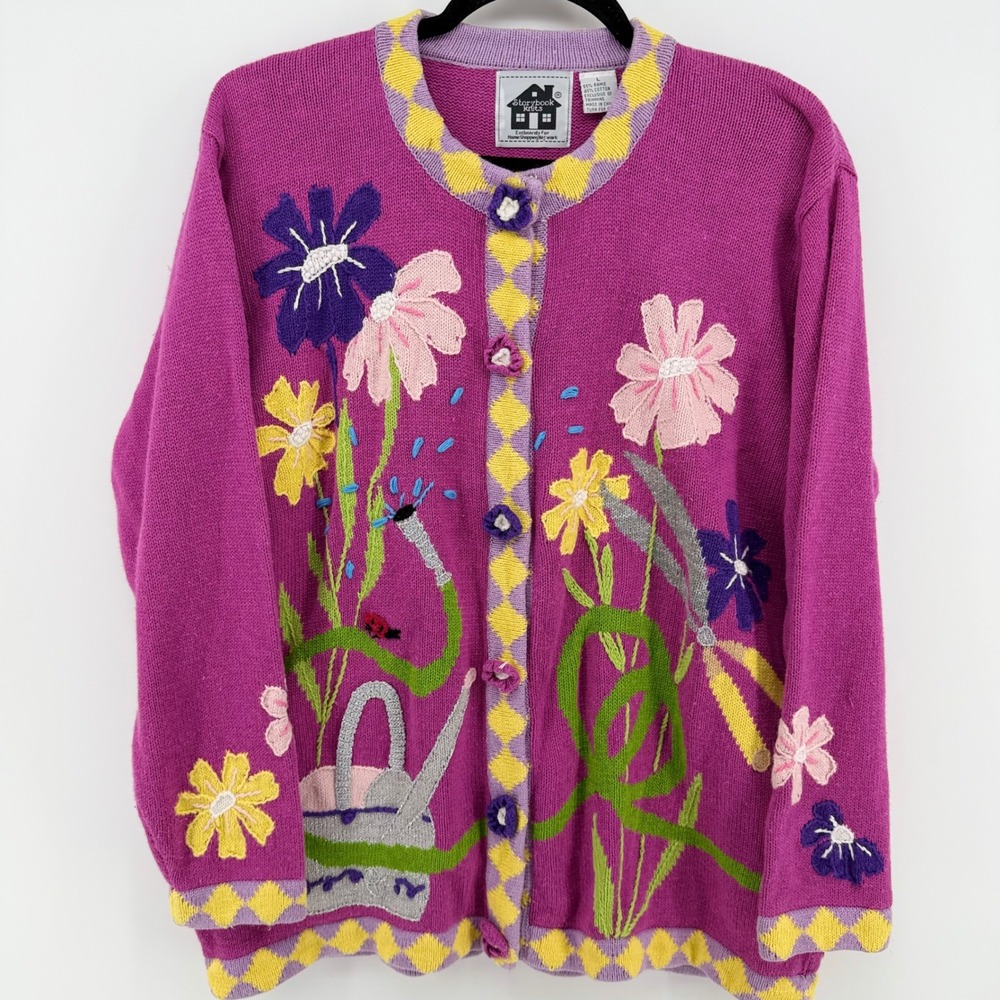 Storybook Knits Garden Cardigan Sweater L Watering Can Ladybug Cottagecore